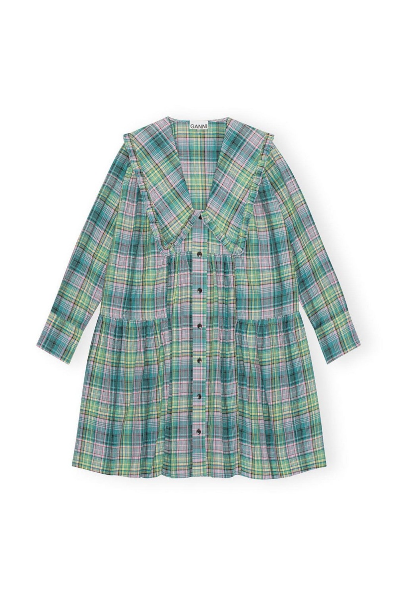 Green Women's Ganni Seersucker Check Wide Shirt Dress | 70KTZOWUR