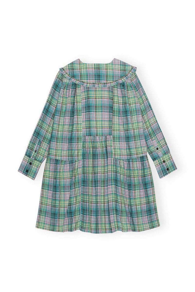 Green Women's Ganni Seersucker Check Wide Shirt Dress | 70KTZOWUR