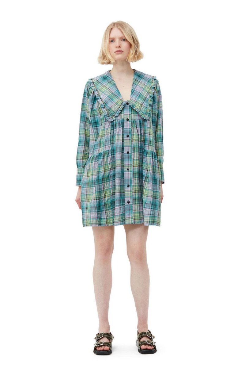 Green Women\'s Ganni Seersucker Check Wide Shirt Dress | 70KTZOWUR