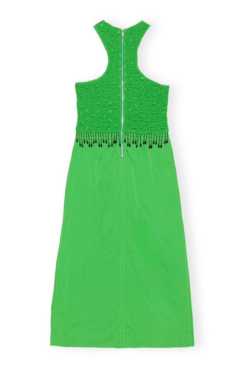 Green Women's Ganni Smocked Satin Maxi Dress | 57QDXYOLP