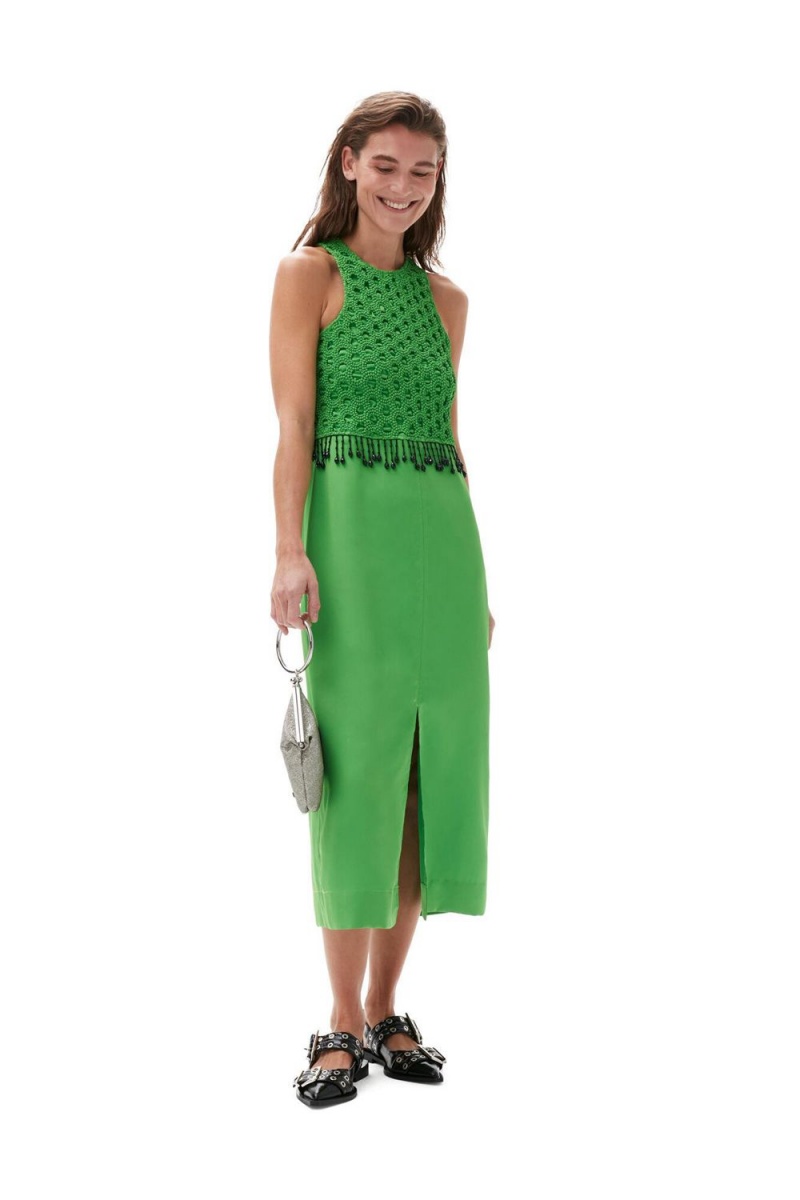 Green Women\'s Ganni Smocked Satin Maxi Dress | 57QDXYOLP