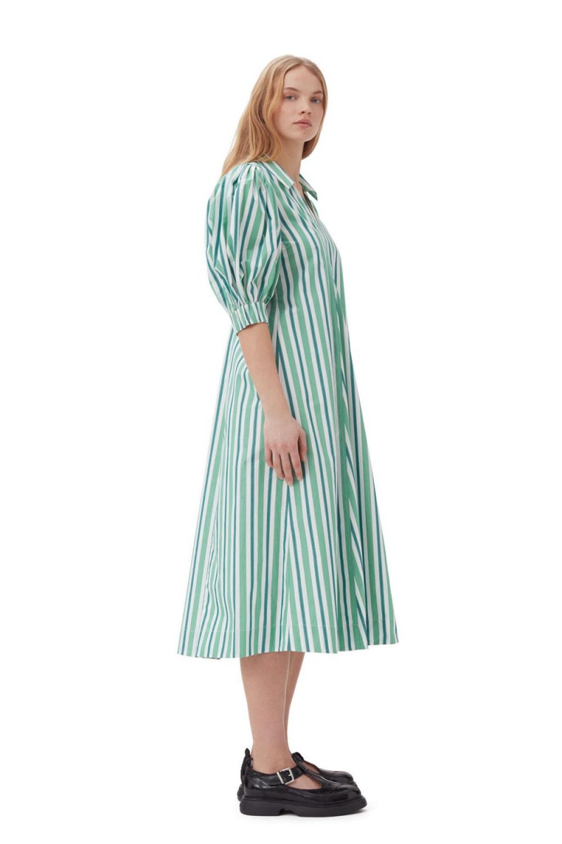 Green Women's Ganni Striped Collar Long Dress | 47PCFYQDZ