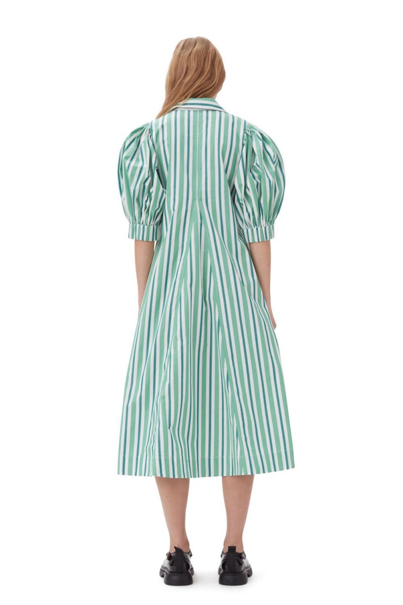 Green Women's Ganni Striped Collar Long Dress | 47PCFYQDZ