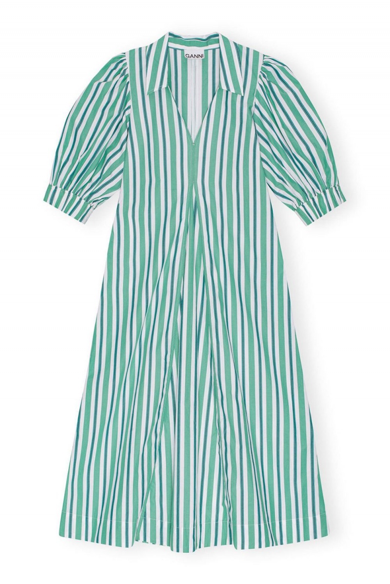 Green Women's Ganni Striped Collar Long Dress | 47PCFYQDZ