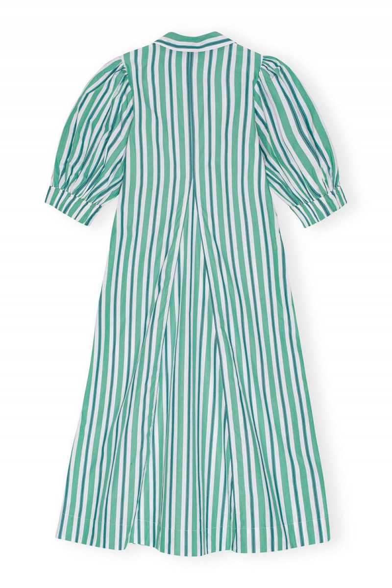 Green Women's Ganni Striped Collar Long Dress | 47PCFYQDZ