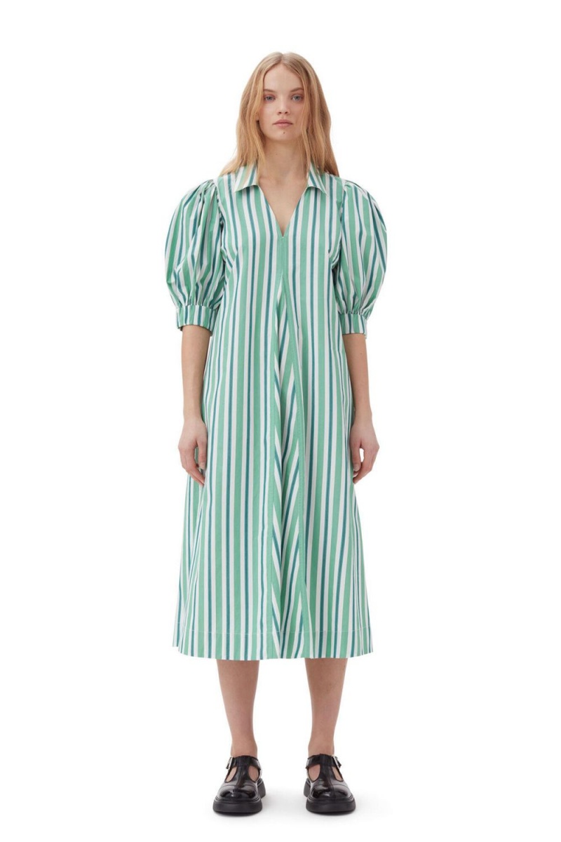 Green Women\'s Ganni Striped Collar Long Dress | 47PCFYQDZ