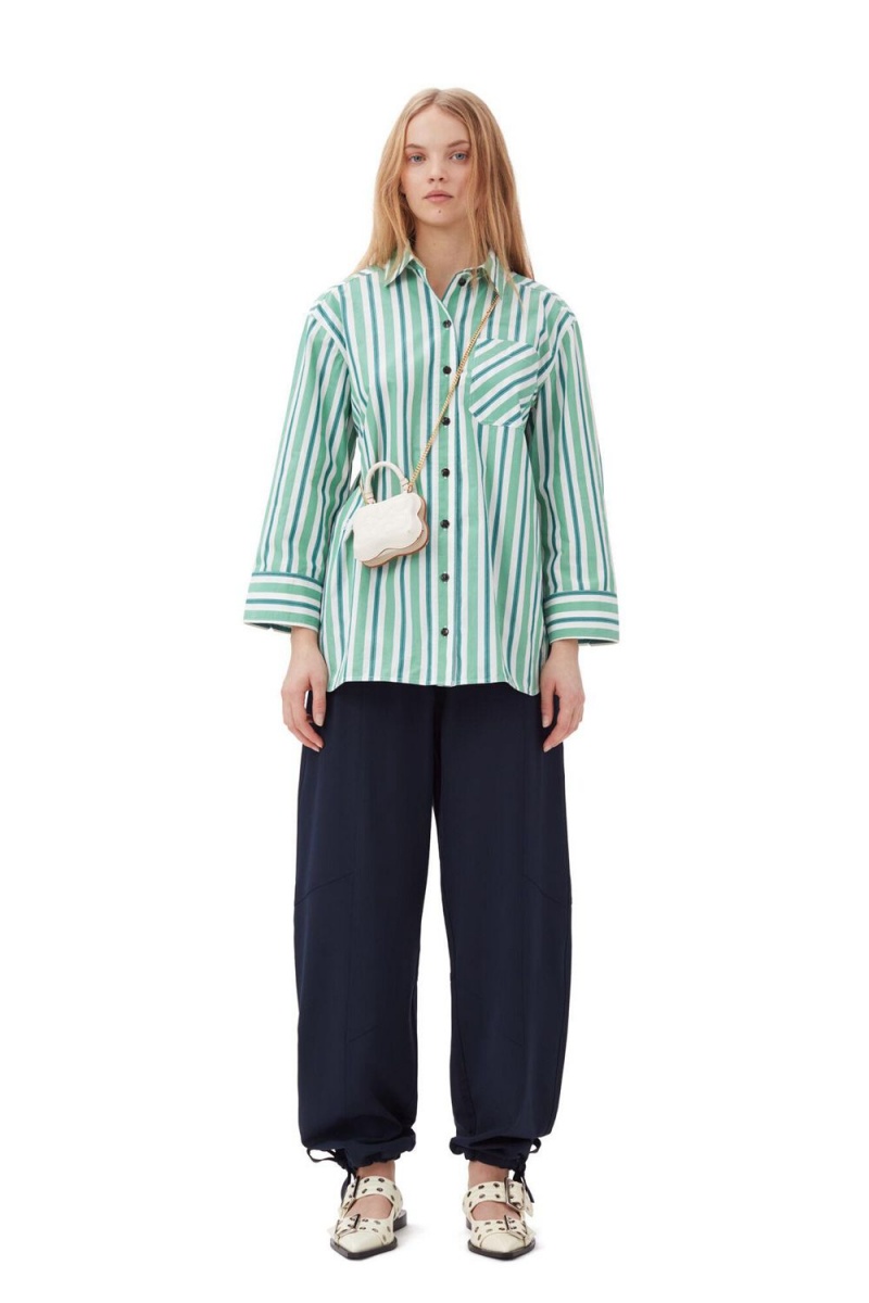 Green Women's Ganni Striped Cotton Oversized Shirts | 72FBUCXKP