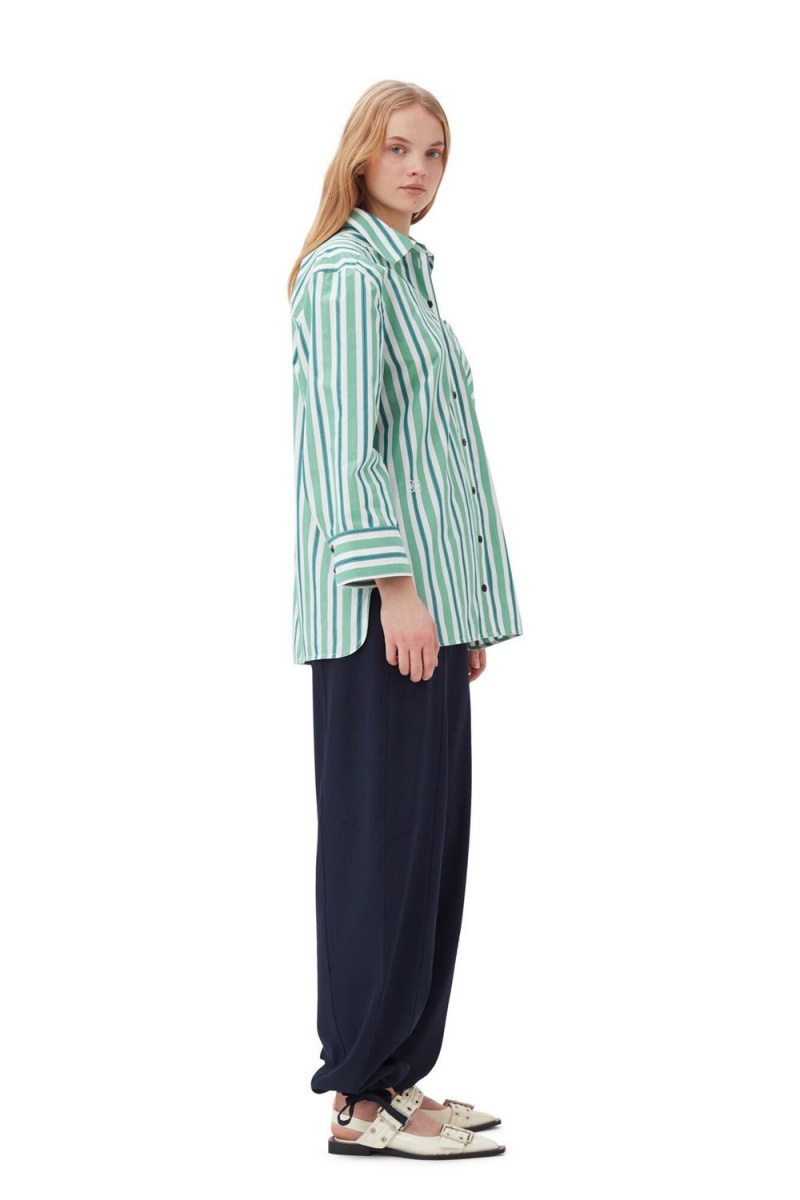 Green Women's Ganni Striped Cotton Oversized Shirts | 72FBUCXKP