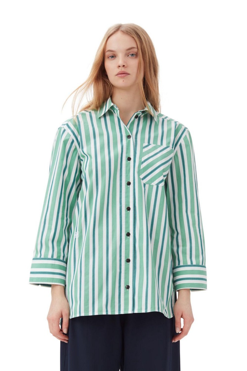 Green Women\'s Ganni Striped Cotton Oversized Shirts | 72FBUCXKP