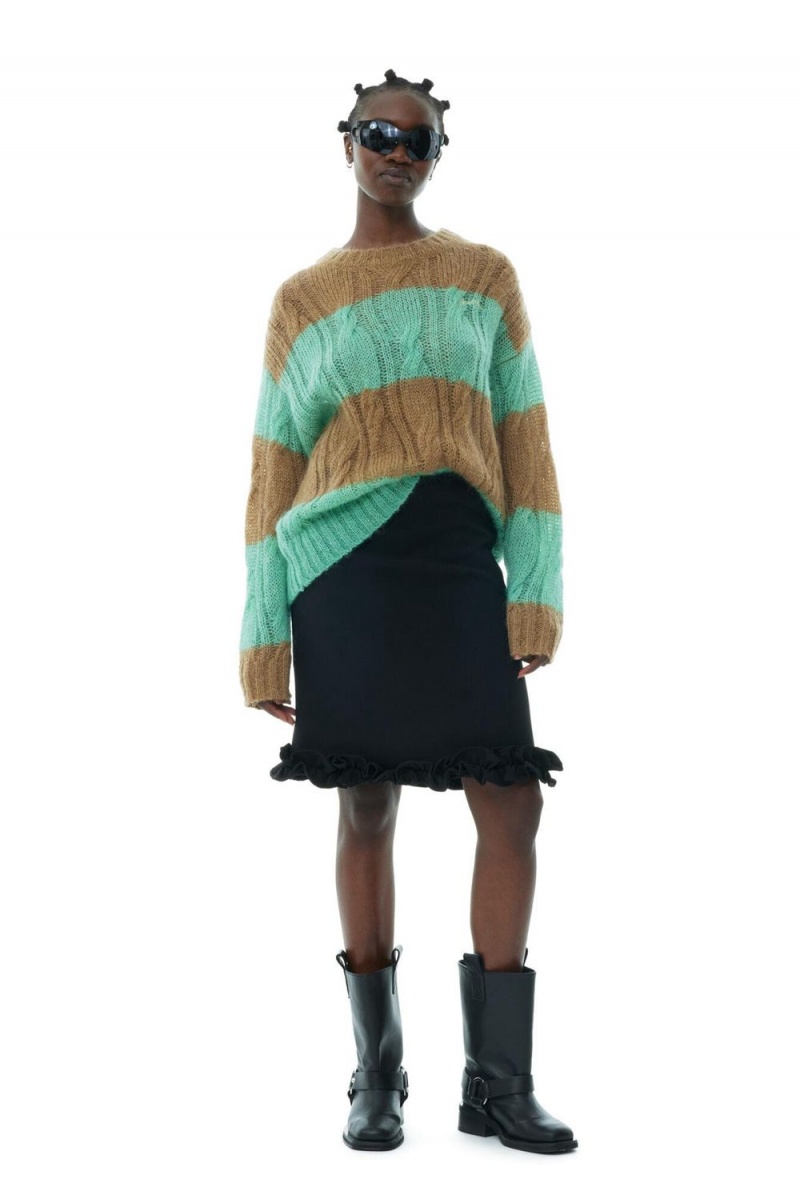 Green Women's Ganni Striped Mohair Cable O-neck Sweater | 39OUVJZTI