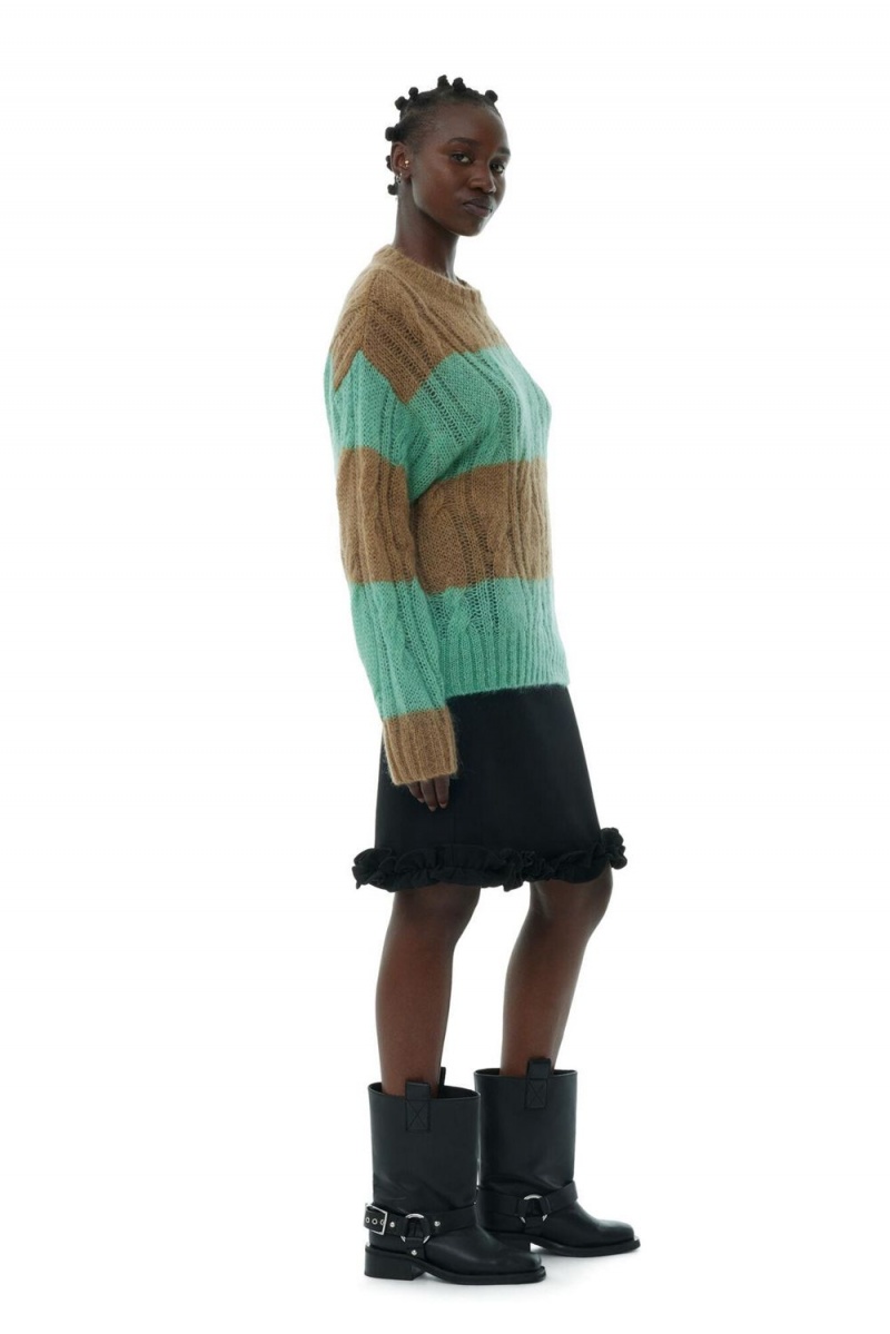 Green Women's Ganni Striped Mohair Cable O-neck Sweater | 39OUVJZTI