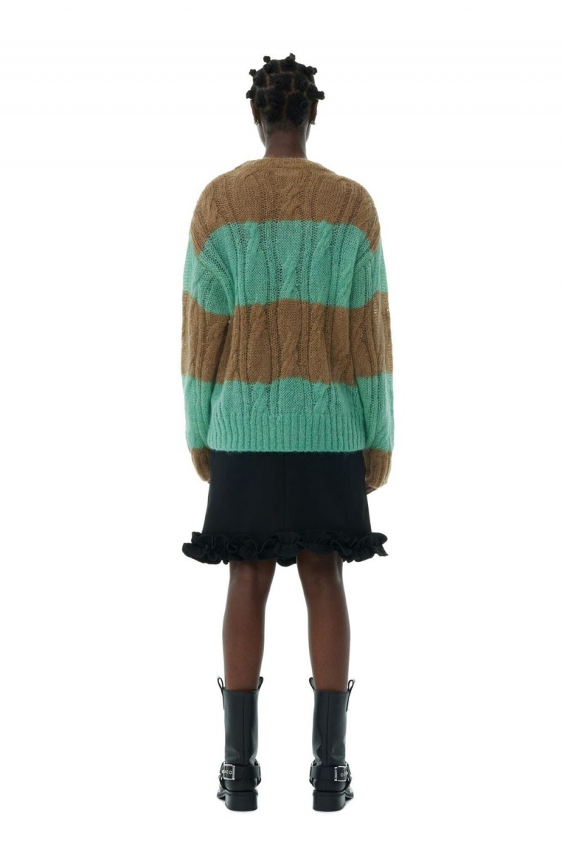 Green Women's Ganni Striped Mohair Cable O-neck Sweater | 39OUVJZTI