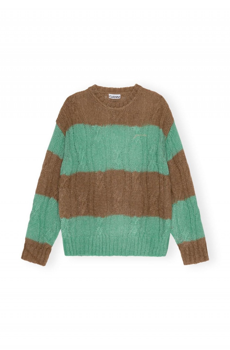 Green Women's Ganni Striped Mohair Cable O-neck Sweater | 39OUVJZTI