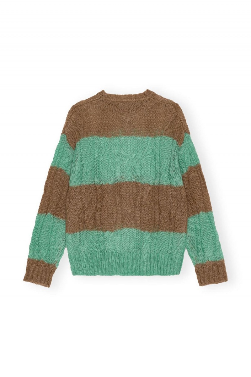 Green Women's Ganni Striped Mohair Cable O-neck Sweater | 39OUVJZTI