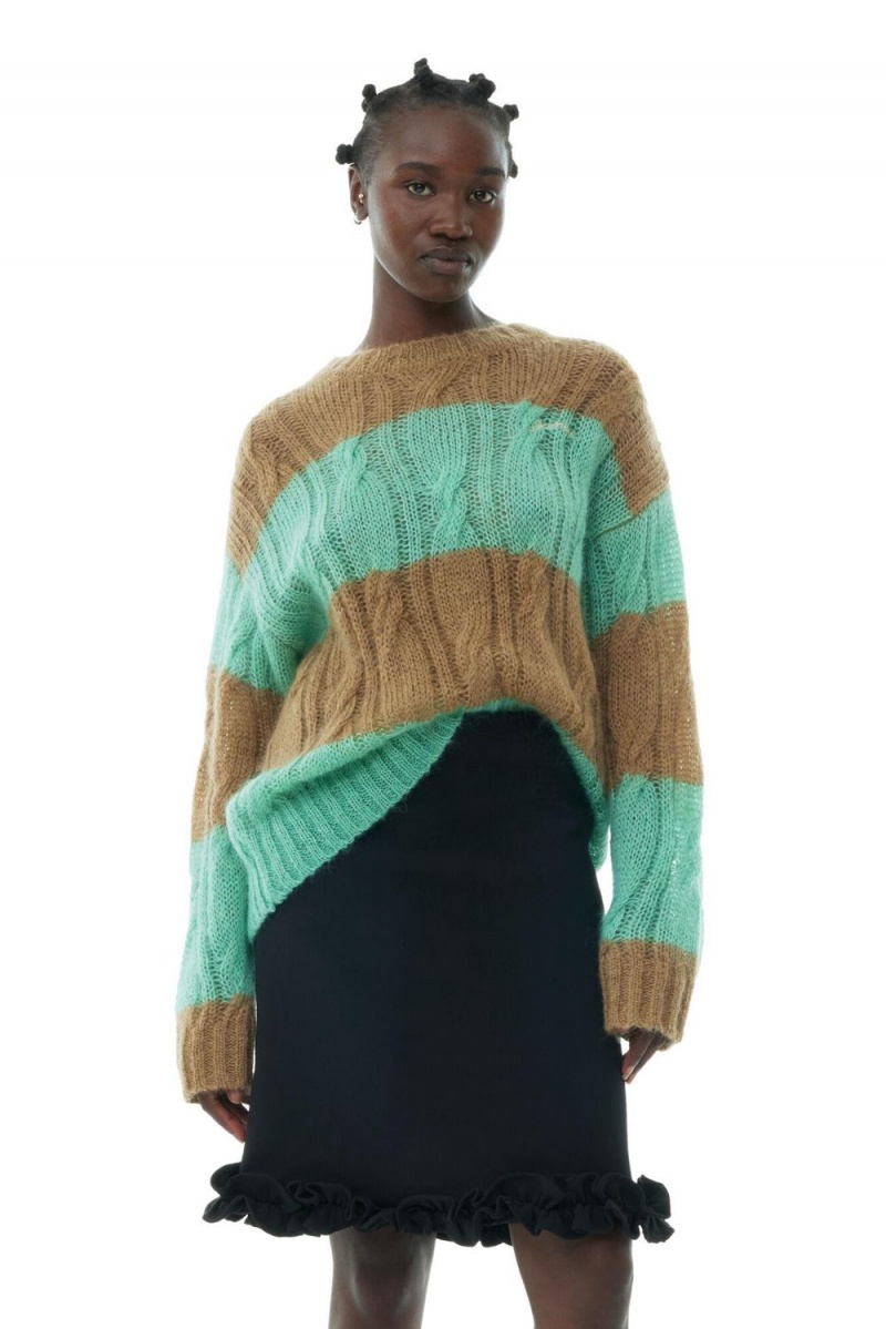 Green Women\'s Ganni Striped Mohair Cable O-neck Sweater | 39OUVJZTI