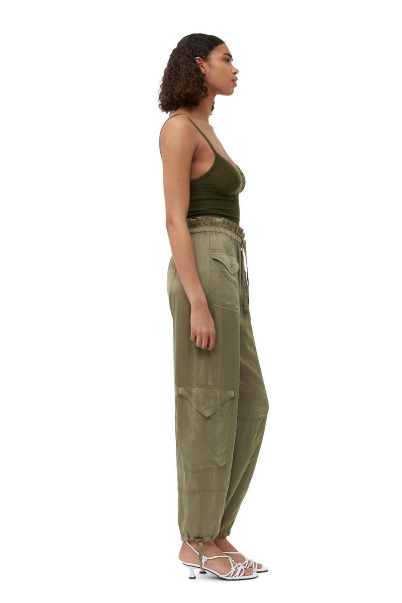 Green Women's Ganni Washed Satin Pants | 50CTRLUYS