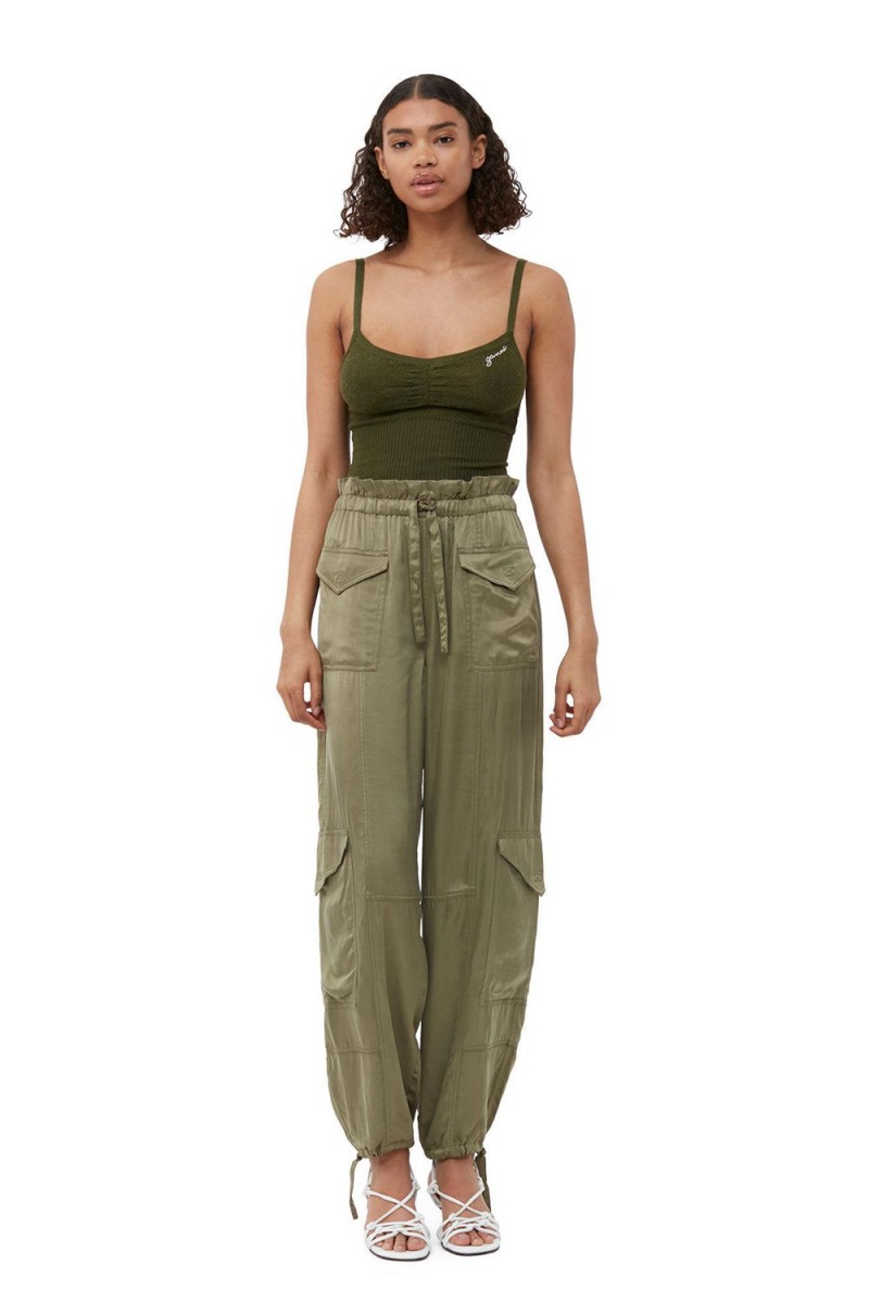 Green Women\'s Ganni Washed Satin Pants | 50CTRLUYS