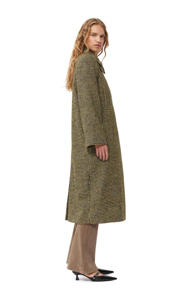 Green Women's Ganni Woollen Checkered Coat | 03MJWNFRV