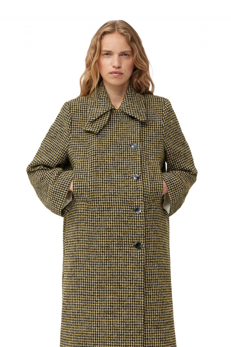 Green Women's Ganni Woollen Checkered Coat | 03MJWNFRV