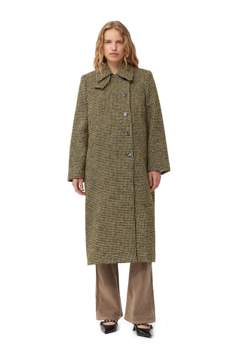 Green Women\'s Ganni Woollen Checkered Coat | 03MJWNFRV