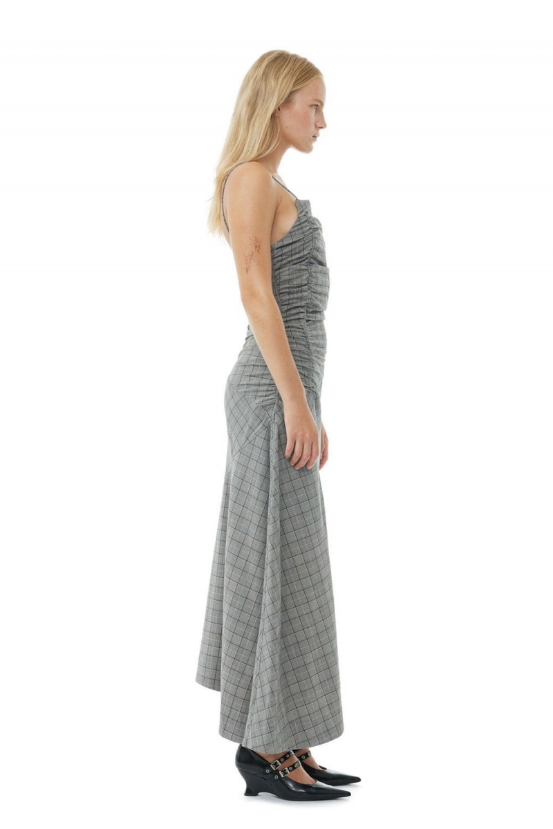 Grey Women's Ganni Checkered Ruched Long Slip Dress | 30KUGNHVE