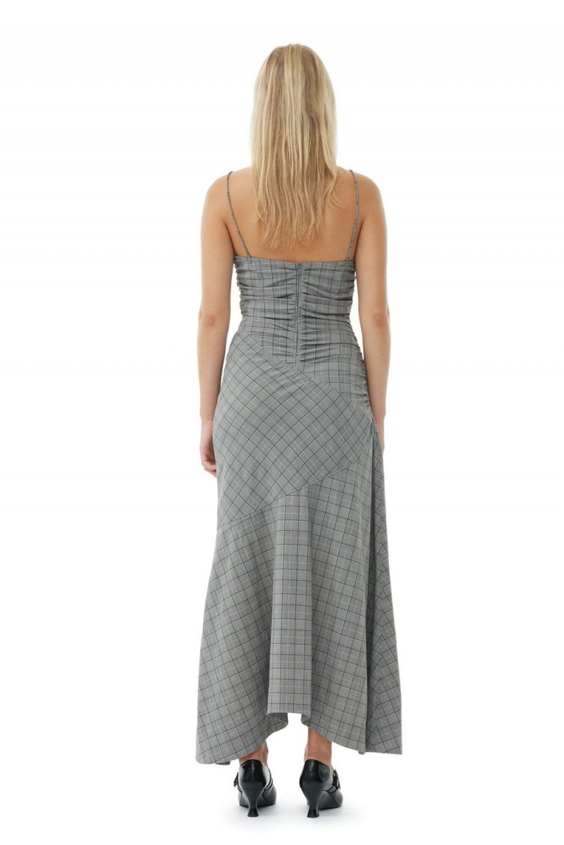 Grey Women's Ganni Checkered Ruched Long Slip Dress | 30KUGNHVE