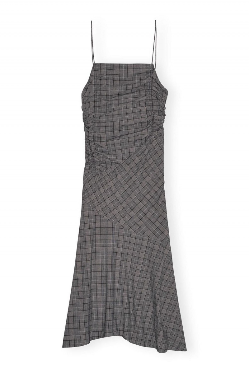 Grey Women's Ganni Checkered Ruched Long Slip Dress | 30KUGNHVE