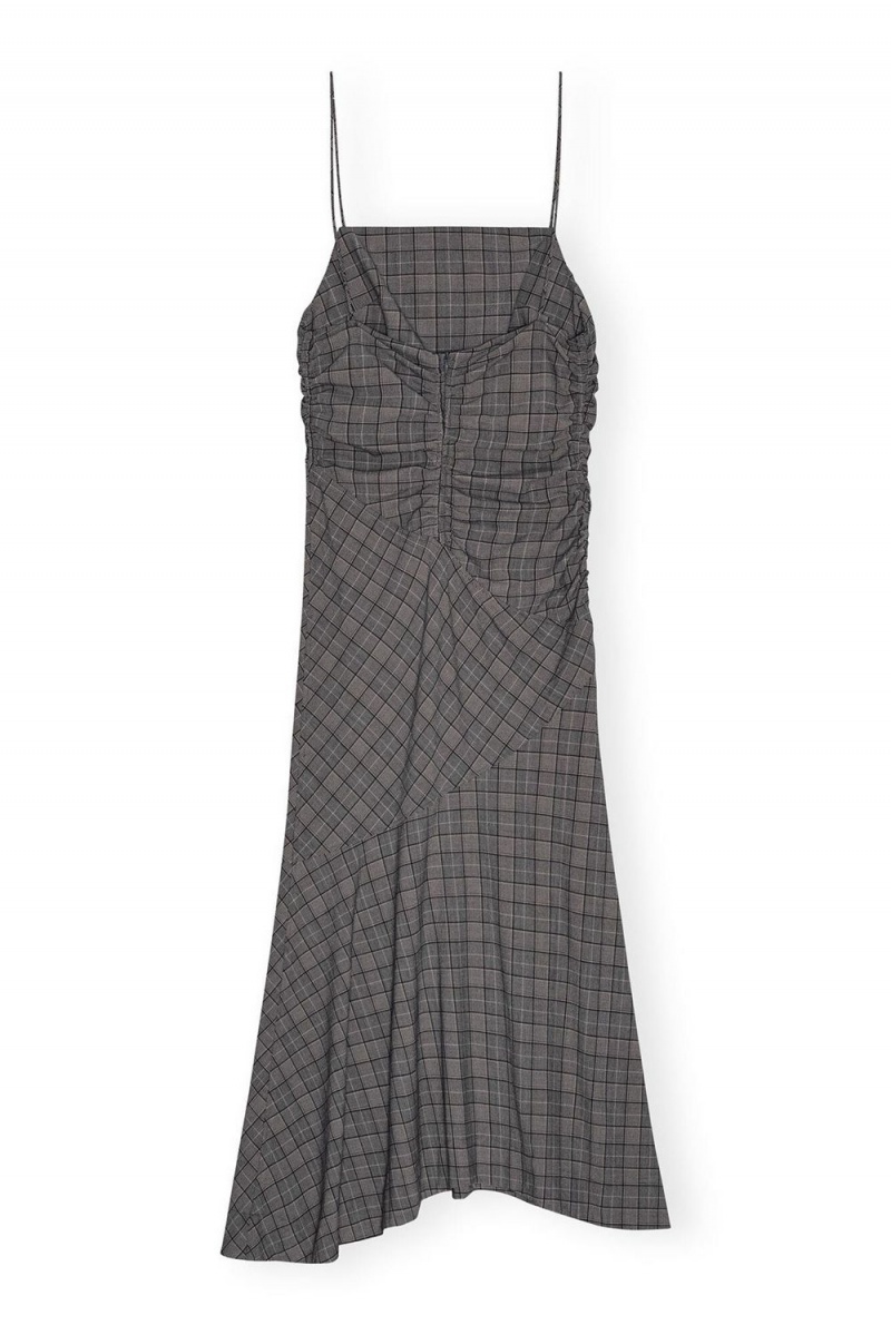 Grey Women's Ganni Checkered Ruched Long Slip Dress | 30KUGNHVE