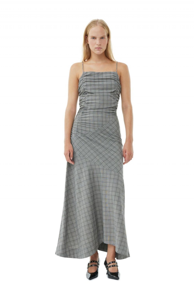 Grey Women\'s Ganni Checkered Ruched Long Slip Dress | 30KUGNHVE