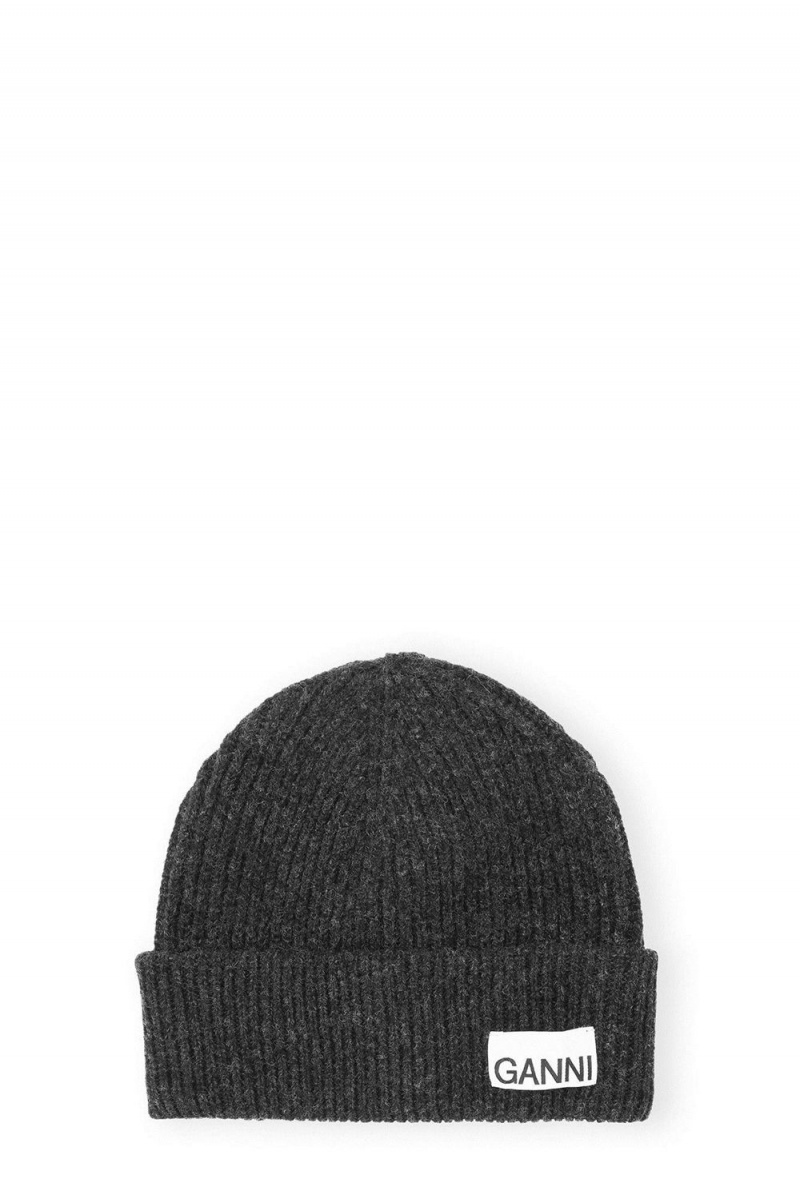 Grey Women\'s Ganni Fitted Wool Rib Knit Beanie | 59PZJMXQR