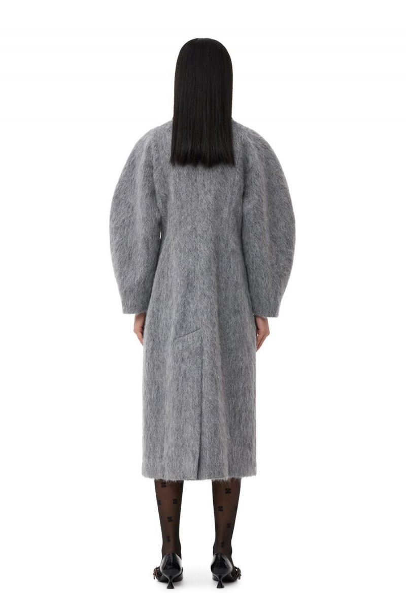 Grey Women's Ganni Fluffy Wool Curved Sleeves Coat | 94KTGVAWL