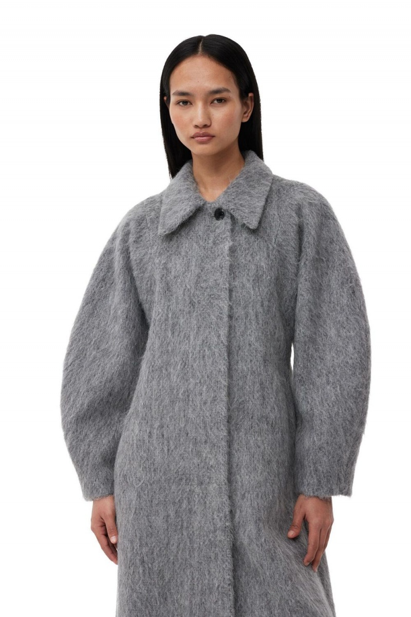 Grey Women's Ganni Fluffy Wool Curved Sleeves Coat | 94KTGVAWL