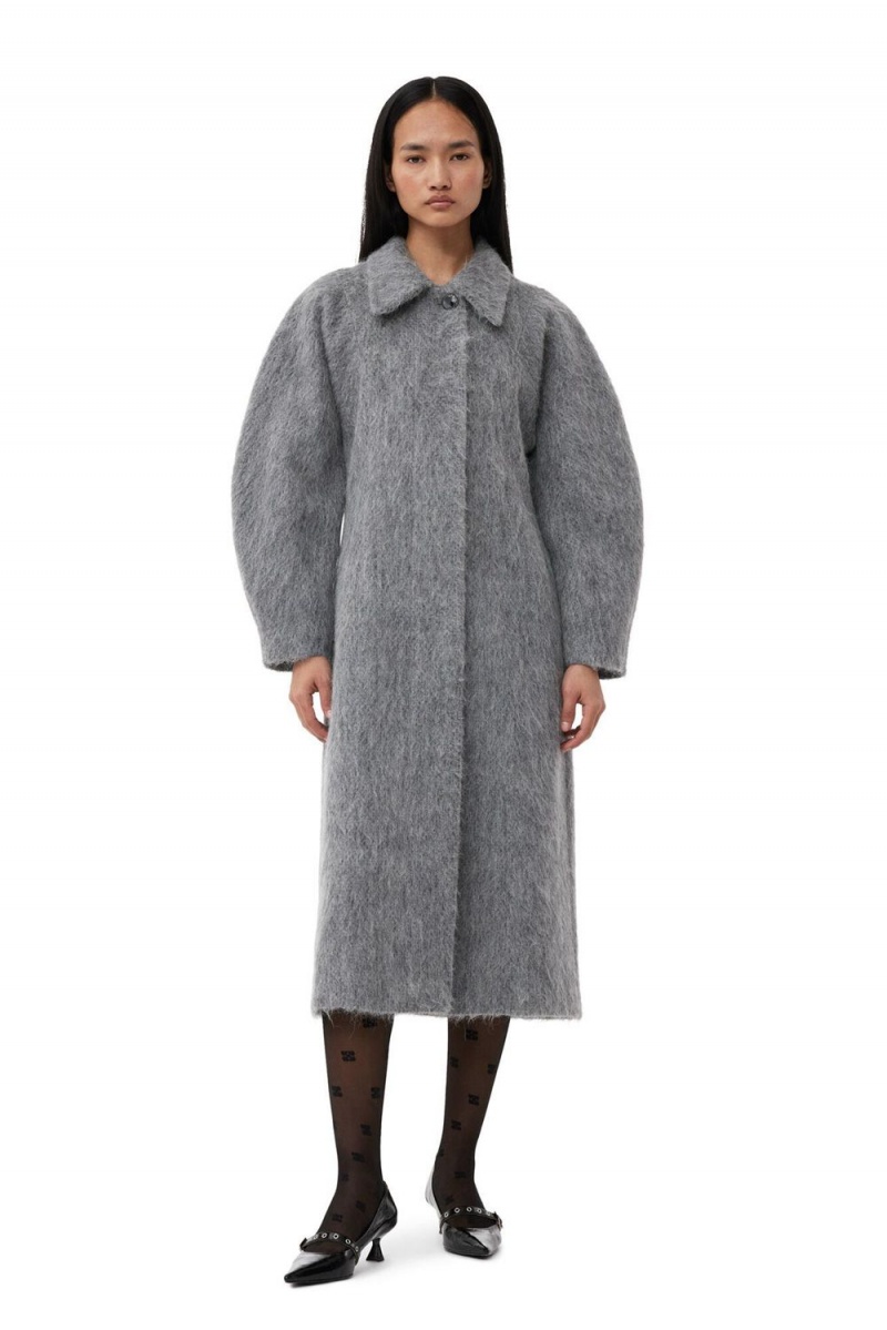 Grey Women\'s Ganni Fluffy Wool Curved Sleeves Coat | 94KTGVAWL