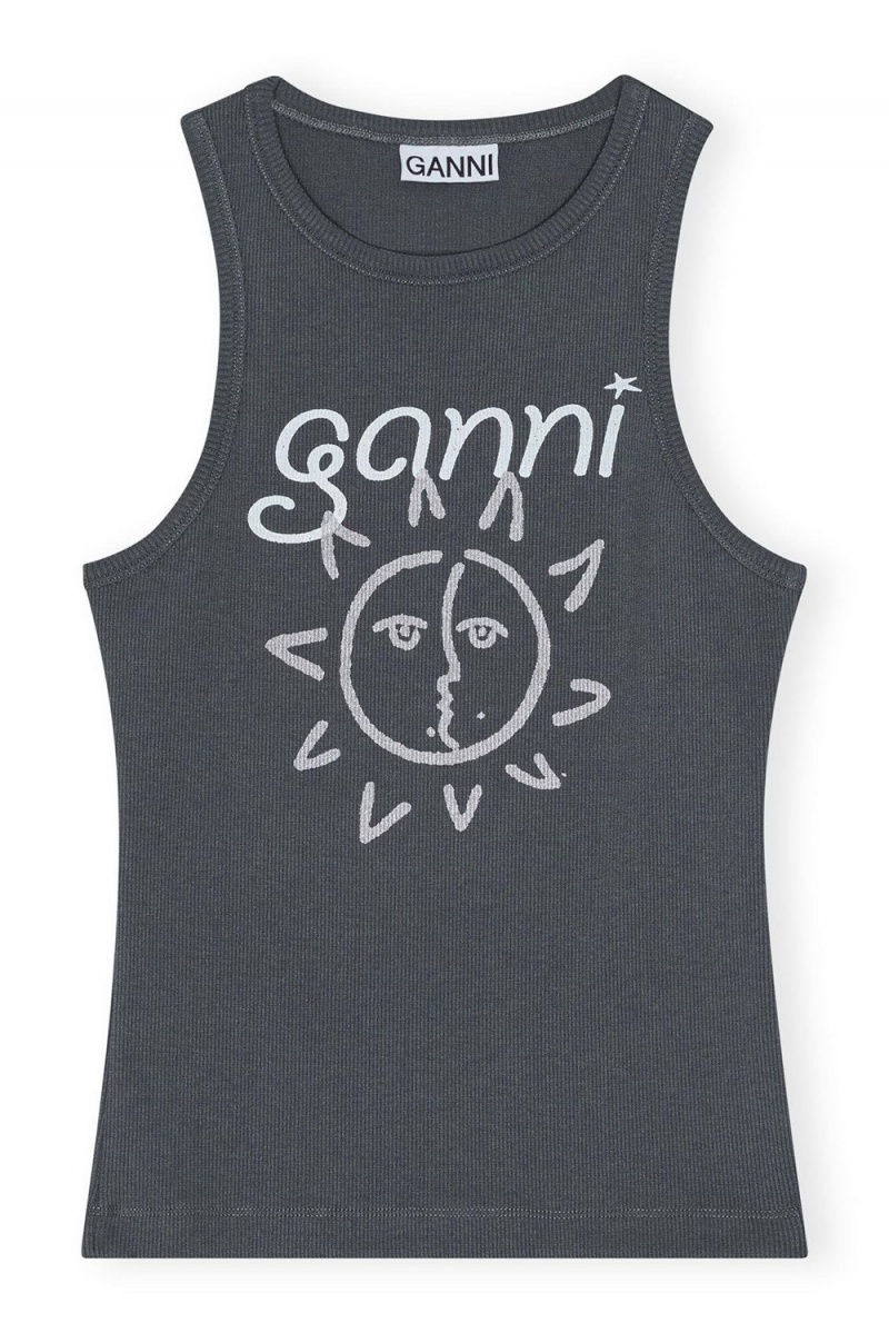 Grey Women's Ganni Graphic Rib Sun Tank Top | 29NTRCSKE