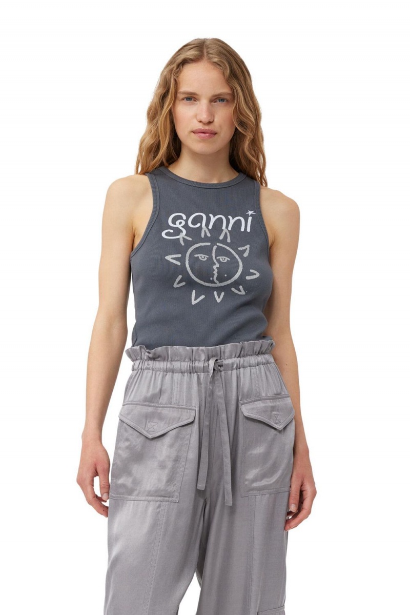 Grey Women\'s Ganni Graphic Rib Sun Tank Top | 29NTRCSKE