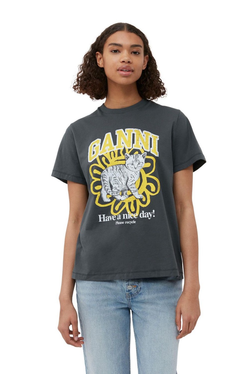 Grey Women's Ganni Relaxed Cat T-Shirt | 95TMKHXYU