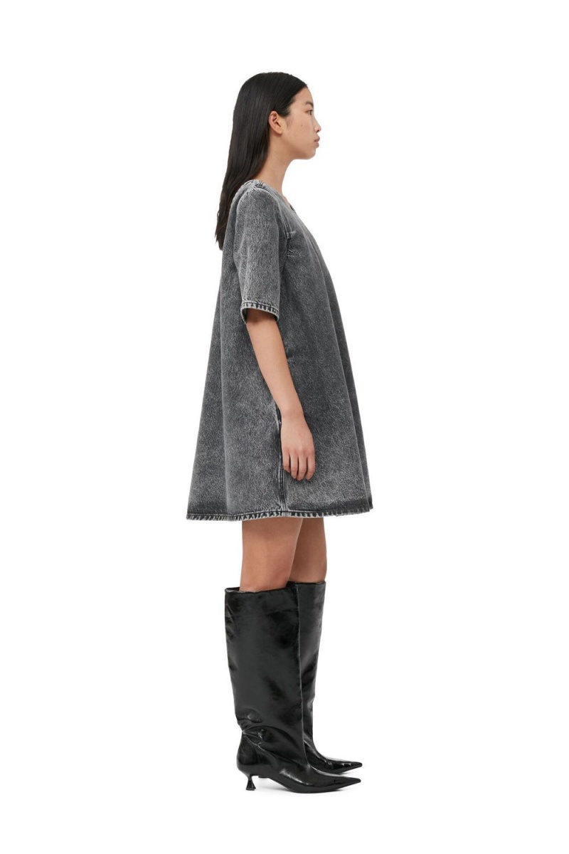 Grey Women's Ganni Snow Washed Denim A-line Mini Dress | 98EKCAVNW