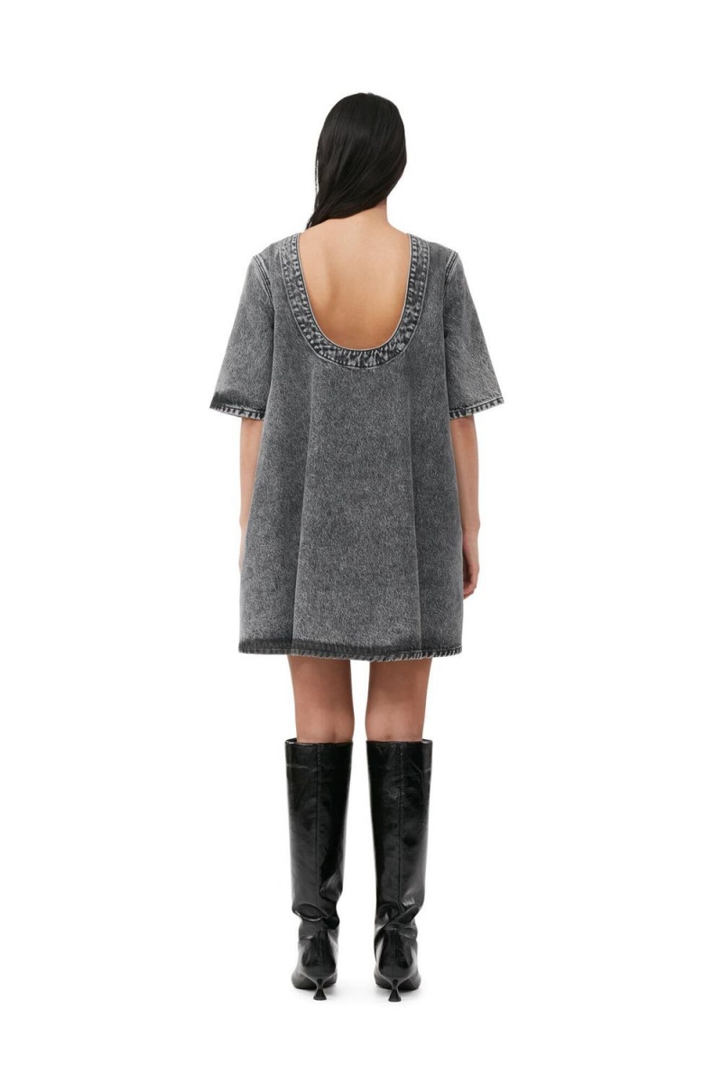 Grey Women's Ganni Snow Washed Denim A-line Mini Dress | 98EKCAVNW