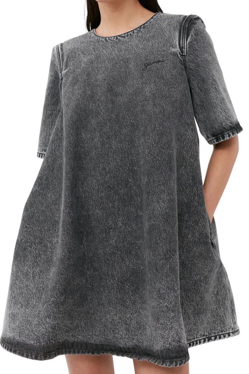 Grey Women's Ganni Snow Washed Denim A-line Mini Dress | 98EKCAVNW