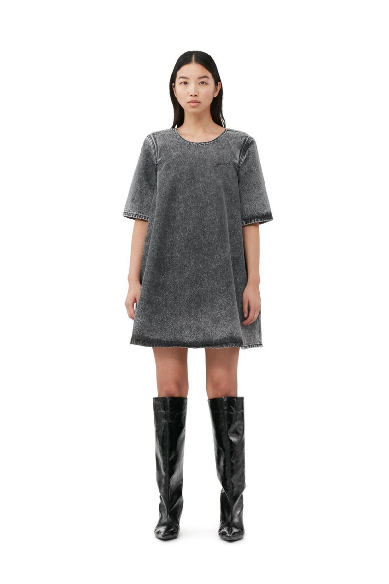 Grey Women\'s Ganni Snow Washed Denim A-line Mini Dress | 98EKCAVNW