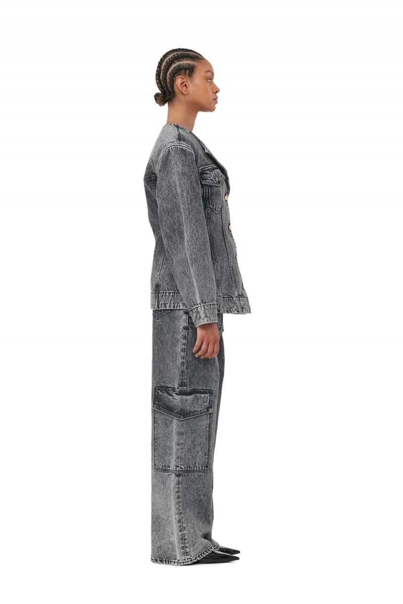 Grey Women's Ganni Snow Washed Denim Fitted Blazer | 07PZKBOIQ