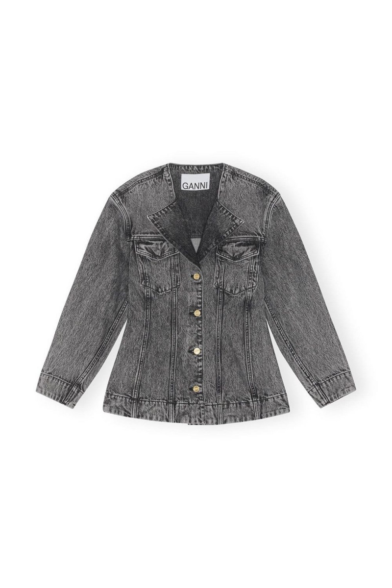 Grey Women's Ganni Snow Washed Denim Fitted Blazer | 07PZKBOIQ