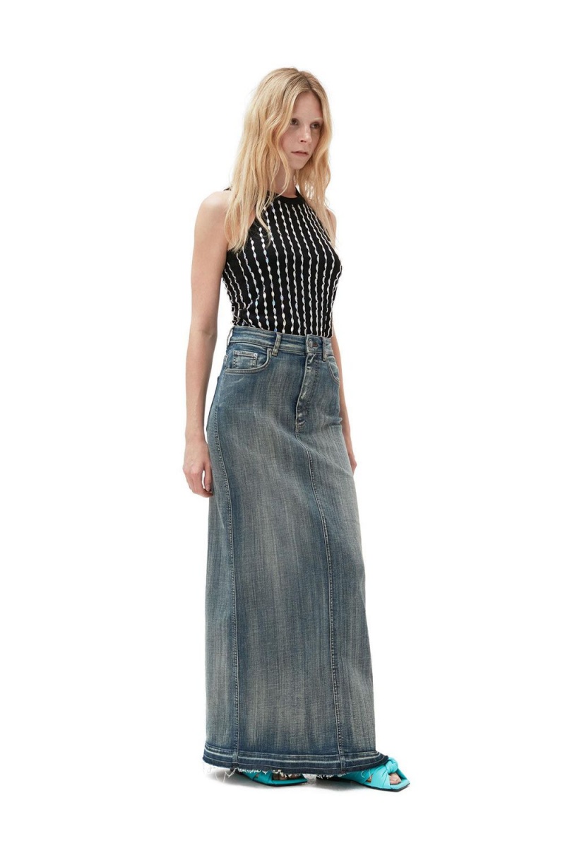 Grey Women's Ganni Tint Edge Denim Maxi Skirt | 51OWLQEPR