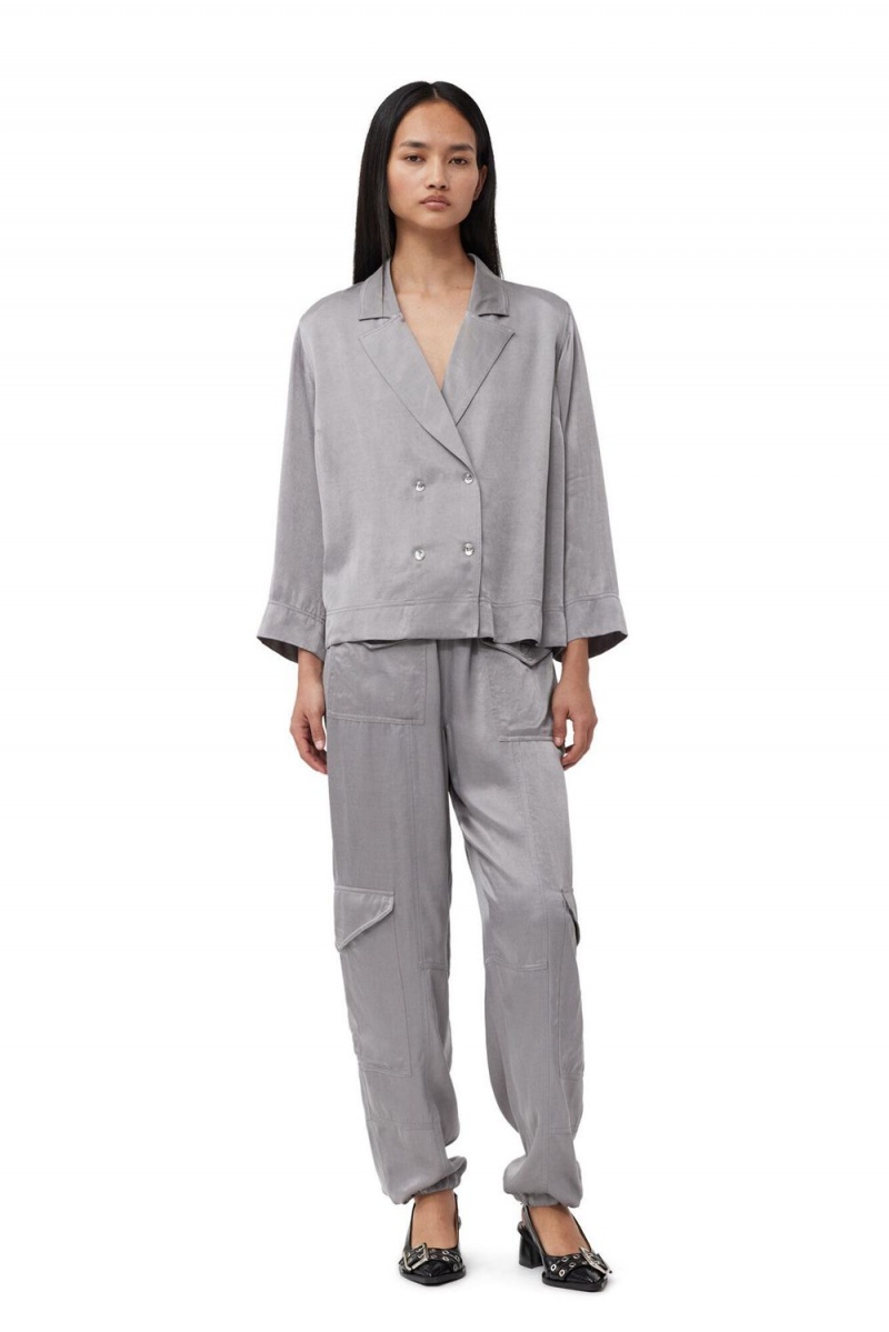 Grey Women's Ganni Washed Satin Shirts | 70SYEIUOA