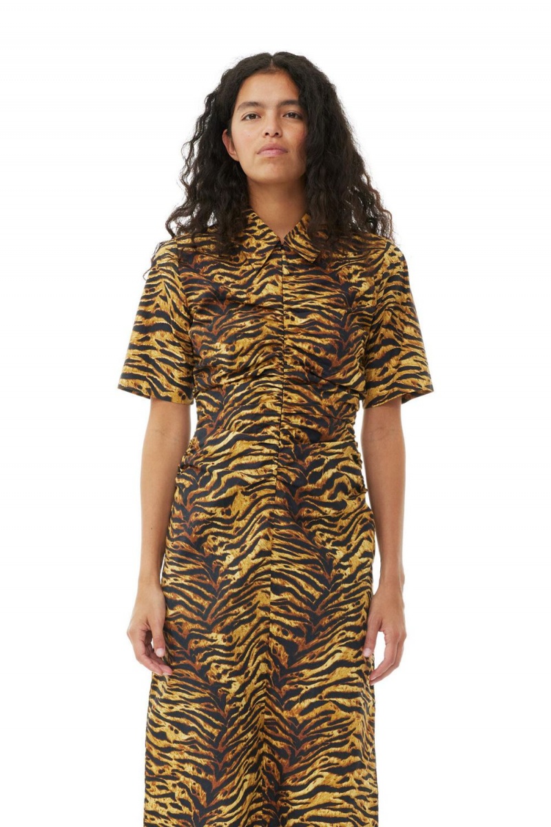 Leopard Women's Ganni Animal Printed Cotton Gathered Midi Dress | 96JAPXZOI