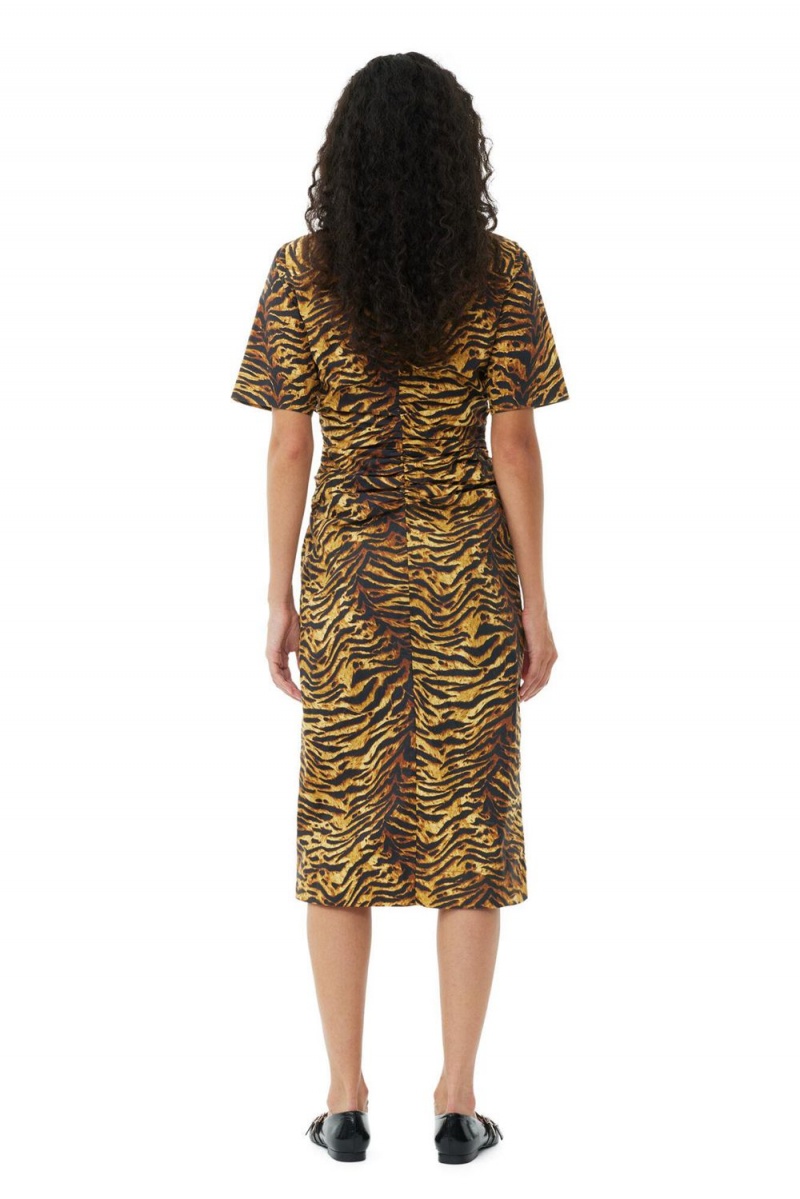 Leopard Women's Ganni Animal Printed Cotton Gathered Midi Dress | 96JAPXZOI