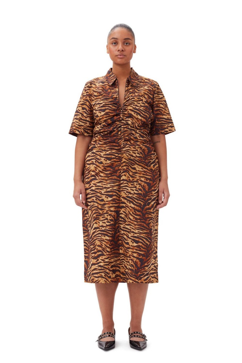 Leopard Women's Ganni Animal Printed Cotton Gathered Midi Dress | 96JAPXZOI