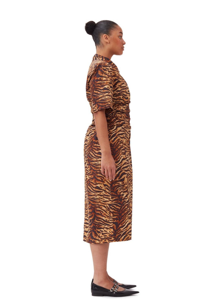 Leopard Women's Ganni Animal Printed Cotton Gathered Midi Dress | 96JAPXZOI