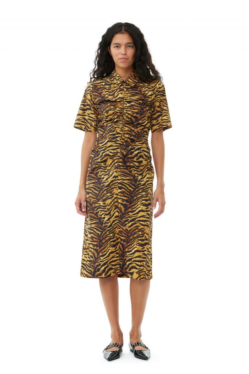 Leopard Women\'s Ganni Animal Printed Cotton Gathered Midi Dress | 96JAPXZOI