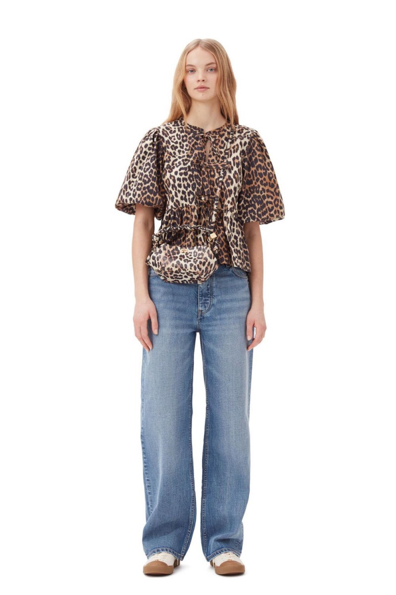 Leopard Women's Ganni Cotton Poplin Peplum Tie Blouse | 01KDZXSNM